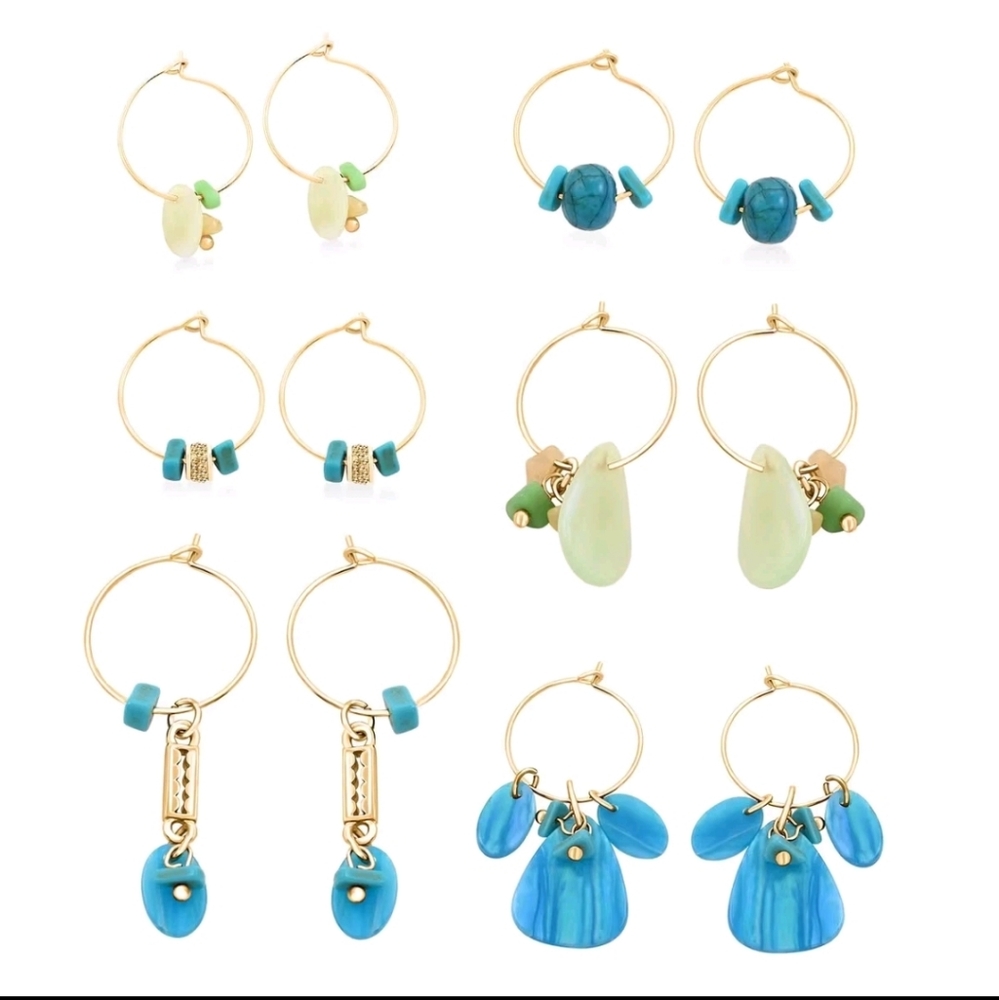 Set of six Earrings hinged Hoop shell Blue, Gold Tone, White, Light Green NS-1